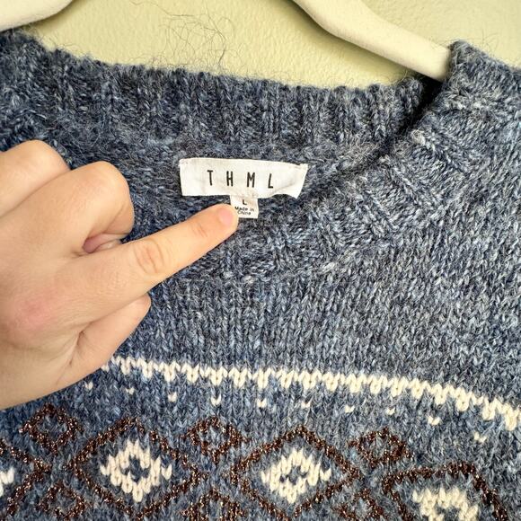 THML Fair Isle Color Block Navy Blue Cream Metallic Knit Sweater Sz L - Picture 4 of 8